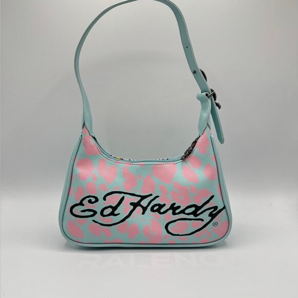 Ed Hardy Light Blue and Pink Shoulder Bag with Artistic Design (Model EHSB-3) - Picture 2 of 4